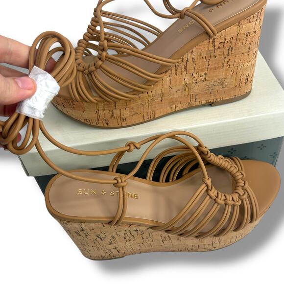 NEW Sun + Stone Strappy Lace Up Wedge Sandals Size 7 Brown Ankle Wrap Cork Heels - Picture 6 of 12